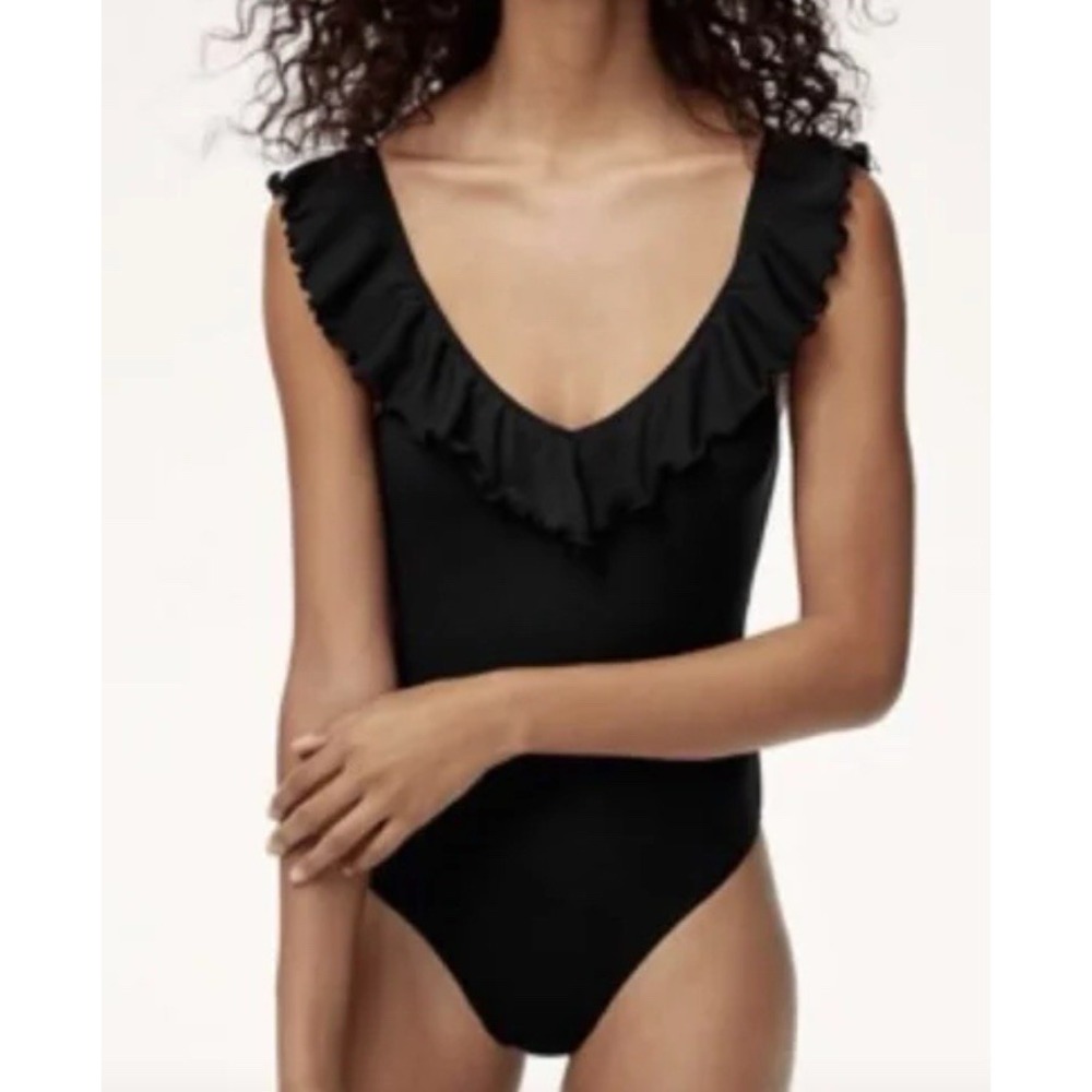 Aritiza Wilfred Bodysuit Ruffle Black V Neck Women Large Casual Going Out